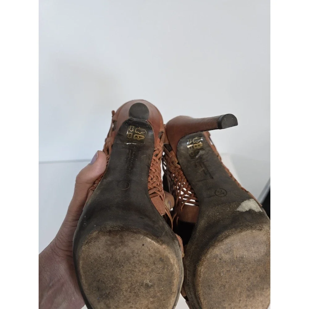 Allsaints‎ Co. Orange Leather Woven Heels Shoes Ankle Buckle 37 TAIN Distressed
